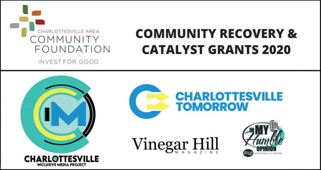 Community Recovery & Catalyst Grants 2020 with various logos including Charlottesville Inclusive Media