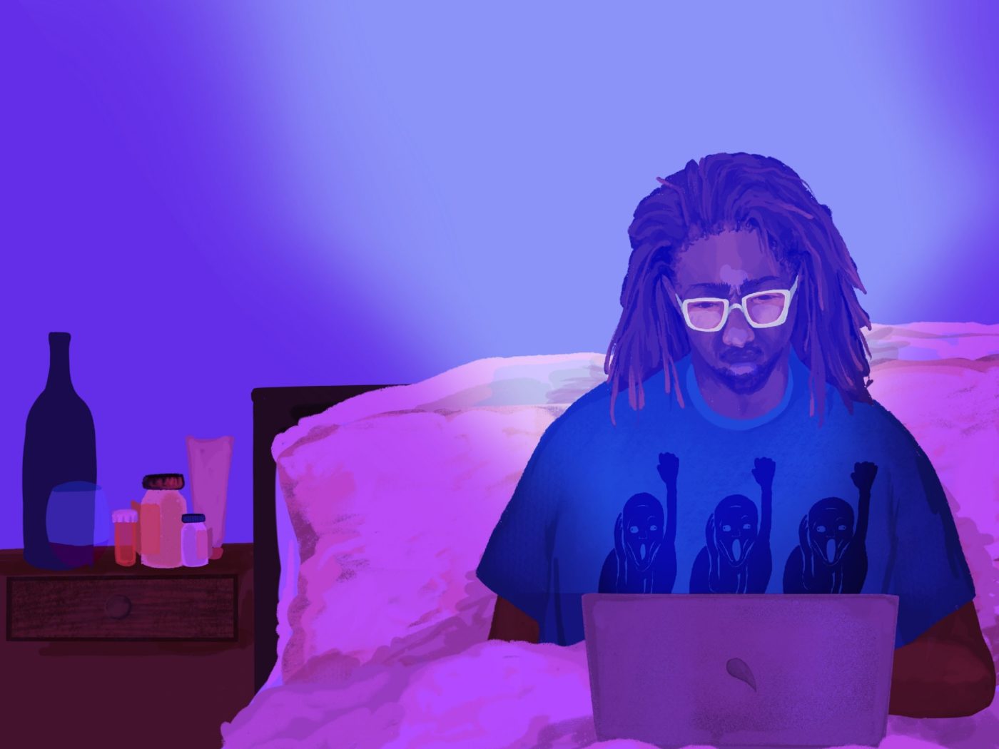 Illustration of Black man sitting in bed with laptop. He has shoulder length hair and white glasses and is wearing a T-shirt that shows three people with fists in the air. Bottles sit on a night stand on one side of the image.