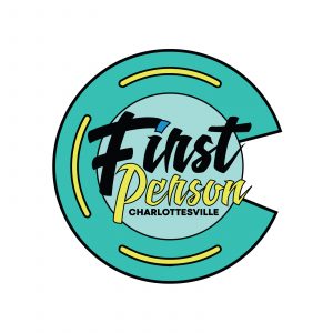 Green and yellow, large logo-style C with the words "First Person Charlottesville"