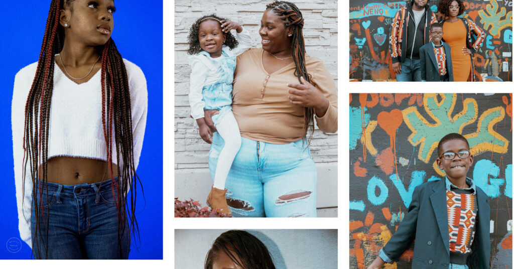 A collage of portraits: A woman looking off camera against a bright blue background, A woman holding a small child and smiling at her, A young boy in a blazer in front of a colorful background.